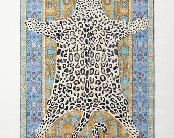 May include: A rectangular rug with a leopard print design in the center, surrounded by a blue and gold patterned border. The leopard print features black spots on a cream background. The border has floral and geometric patterns.