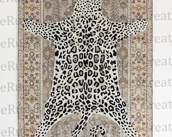 Handmade Leopard Print Animal Motif Rug | Hand Tufted Oriental Style Area Rug | Unique Safari Jungle Decor Carpet | Boho Statement Rug