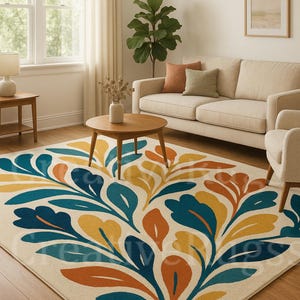 May include: A cream-colored area rug with a large, colorful floral design. The pattern features blue, orange, and yellow leaf-like shapes. The rug is in a living room setting with a sofa, chairs, and a wooden coffee table.
