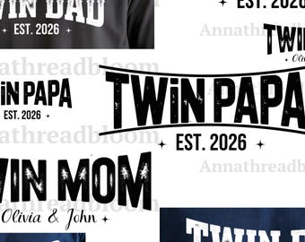Custom Twin DAD, MOM est 2026 PNG, Personalized Papa, Mama Design with Kids Names, 2 colours of text, Father's Day Gift, Digital Download