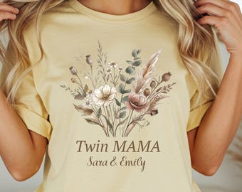 Twin mom shirt, Boho floral Mama tee with Kids Names, Mom of Twins Gift, Personalized Mother’s Day Shirt, Twins announcement tee