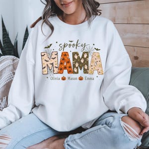 Personalized Spooky Mama Sweatshirt, Custom Kids Names Mama Crewneck, Halloween Mom Sweatshirt, Patchwork Mama Pullover, Pumpkin Mom Gift