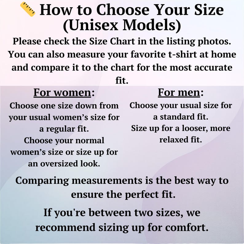 Może przedstawiać: Grafika informacyjna zatytułowana How to Choose Your Size (Unisex Models) z ikoną linijki. Zawiera instrukcje dotyczące por&oacute;wnywania wymiar&oacute;w z tabelą rozmiar&oacute;w oraz oferuje szczeg&oacute;łowe wskaz&oacute;wki dotyczące r&oacute;żnych rodzaj&oacute;w dopasowania.