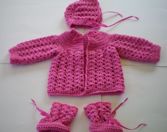 Welcome Home Crochet Baby Sweater and Hat Set with Booties - Item CBJ615BG