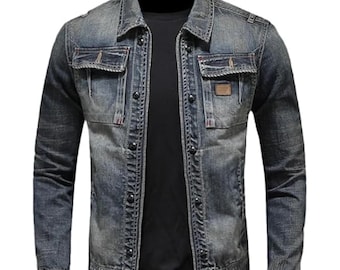 Blauwe jeansjas heren | Casual denim bovenkleding | Vintage gewassen denimjas