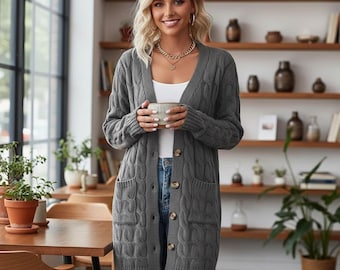 Grobstrick Zopfmuster Cardigan - Oversized Boyfriend Pullover