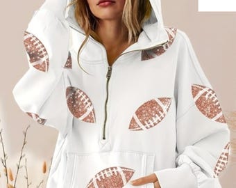 Glitzer Fußball Viertel-Zip Hoodie Übergroßes Spieltag Sweatshirt Sparkly Fußball