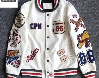 Vintage Varsity Letterman-jas geborduurde patches, retro collegestijl