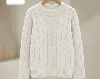 Beige Cashmere Chunky Pullover Knitted Natural Wool Women Jumper Luxury Christmas Gift for Her Oversized Fisherman Cable Knit Sweater