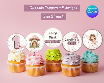 Fairy Birthday Cupcake Toppers | 9 Printable Designs | Editable Canva Templates | Digital Party Decor Download