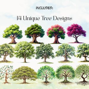 May include: Watercolor illustrations of 14 unique tree designs. The trees feature various leaf colors, including green, pink, and purple. Each tree has a detailed trunk and branches, set against a watercolor sky background.