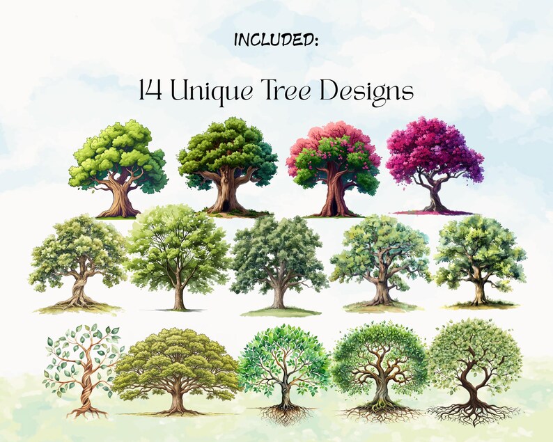 May include: Watercolor illustrations of 14 unique tree designs. The trees feature various leaf colors, including green, pink, and purple. Each tree has a detailed trunk and branches, set against a watercolor sky background.