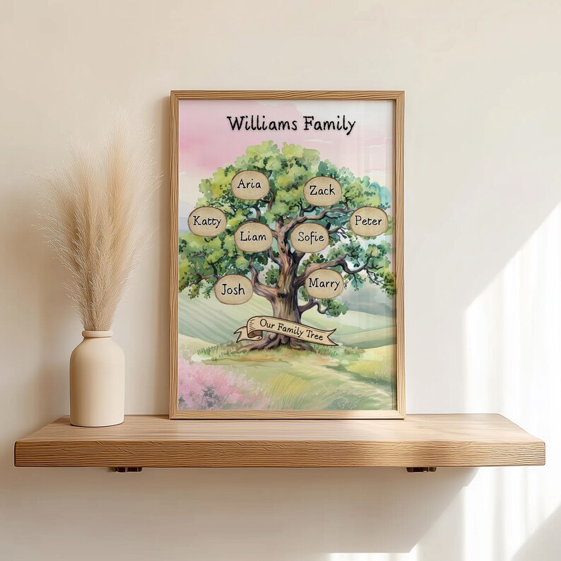 May include: A framed family tree print with the text "Williams Family" at the top. The tree has green leaves and oval name tags. The names include Aria, Zack, Peter, Sofie, Marry, Josh, Liam, and Katty. The words "Our Family Tree" are on a banner.