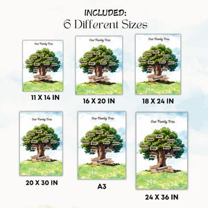 May include: A family tree print with a watercolor effect, featuring a large tree with green foliage and names on the leaves. The print is available in six sizes, including 11 x 14 inches, 16 x 20 inches, and 18 x 24 inches.