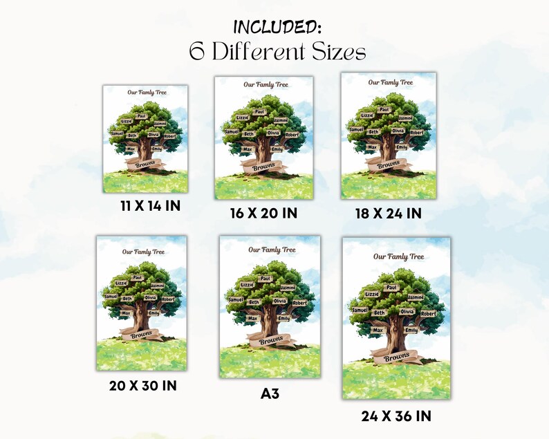 May include: A family tree print with a watercolor effect, featuring a large tree with green foliage and names on the leaves. The print is available in six sizes, including 11 x 14 inches, 16 x 20 inches, and 18 x 24 inches.