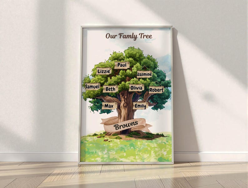 May include: Framed family tree art print with the text "Our Family Tree" at the top. The tree has green leaves and wooden name tags with names like "Lizzie" and "Paul". A banner at the bottom reads "Browns".