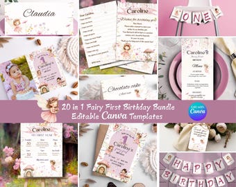 20-in-1 Fairy First Birthday Bundle - Party Decor, Invitations | Pink Magic Girl Theme | Canva Template Bundle (Digital Download)