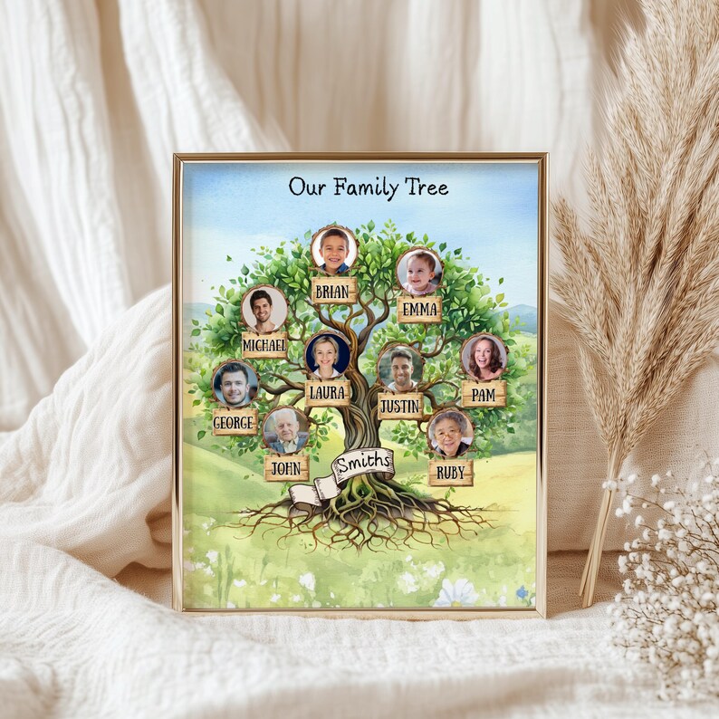 May include: A framed family tree print with a gold frame. The watercolor illustration features a tree with family member portraits and the text "Our Family Tree." The family name "Smiths" is displayed on the tree trunk.