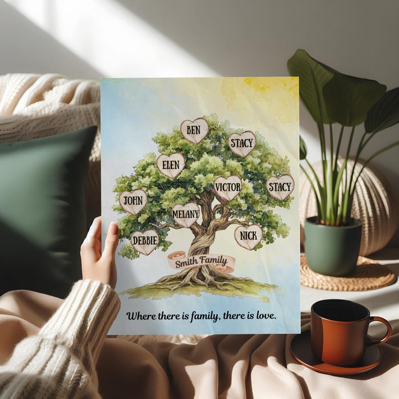 May include: A family tree art print with a watercolor design. The tree has heart-shaped leaves with names like Ben, Stacy, and John. The text "Smith Family" is on a banner, and the quote "Where there is family, there is love" is at the bottom.
