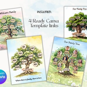 May include: Four family tree templates with names on leaves and heart-shaped tags. The templates include the text "Williams Family", "Our Family Tree", and "Smith Family". The phrase "Where there is family, there is love" is also included.