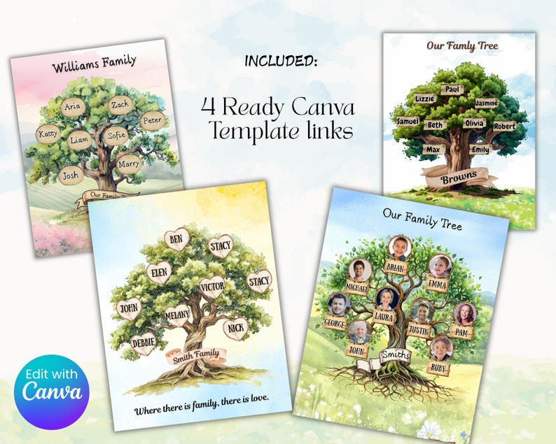 May include: Four family tree templates with names on leaves and heart-shaped tags. The templates include the text "Williams Family", "Our Family Tree", and "Smith Family". The phrase "Where there is family, there is love" is also included.