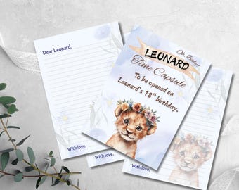 Baby Shower Time Capsule | Lion Theme, Blue Keepsake (Editable Canva Template)
