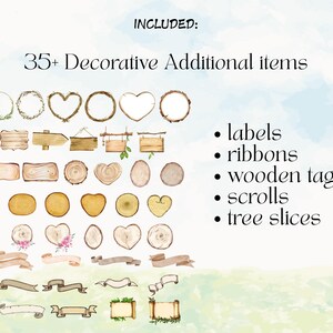 May include: Watercolor illustrations of decorative items, including labels, ribbons, wooden tags, scrolls, and tree slices. The image includes various shapes like hearts, circles, and wooden signs, with the text "INCLUDED: 35+ Decorative Additional items".