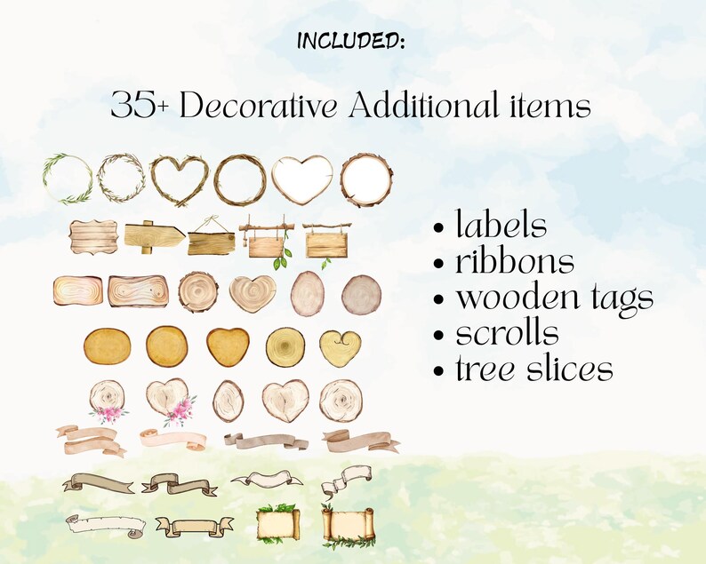 May include: Watercolor illustrations of decorative items, including labels, ribbons, wooden tags, scrolls, and tree slices. The image includes various shapes like hearts, circles, and wooden signs, with the text "INCLUDED: 35+ Decorative Additional items".