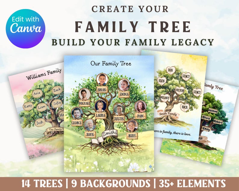 May include: A collection of family tree designs with customizable elements. The image features several tree illustrations with names and photos, showcasing options for personalization. Text includes "Create Your Family Tree" and "Build Your Family Legacy."
