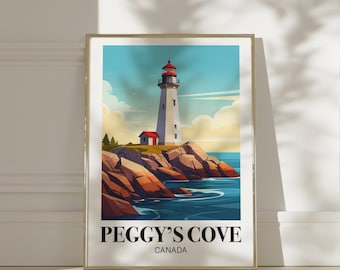 Könnte beinhalten: Gerahmter Kunstdruck von Peggy's Cove, Kanada. Das Kunstwerk zeigt einen weißen Leuchtturm mit roter Spitze, ein kleines rotes Gebäude und felsige Klippen vor blauem Himmel und Ozean. Der Text "PEGGY'S COVE CANADA" befindet sich unten.
