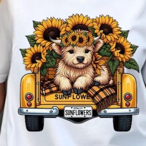 Sunflower Highland Cow PNG, Cute Dog with Sunflowers, Farmhouse Truck Design, Farm Animal Clipart, Instant Digital Download for T-Shirts