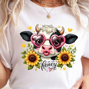 I Am That Honey Cow PNG, Cute Cow Sublimation Design, Sunflower Coquette Clipart, Kawaii Farm Animal PNG for Shirts & Crafts