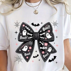 Cute Halloween Bow PNG, Ghost Boo Clipart, Kawaii Spooky Sublimation, Pink Coquette Shirt Design, Digital Download T-Shirt Art