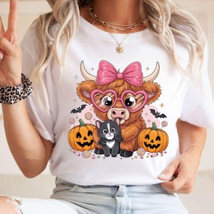 Highland Cow Halloween PNG, Cute Cow Cat Pumpkin Sublimation, Fall Shirt Design, Funny Halloween Clipart, Digital Download PNG