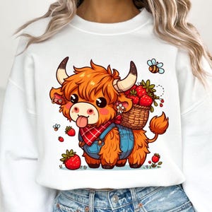 Strawberry Highland Cow PNG, Cute Farm Animal Sublimation Design, Kawaii Summer Cow Clipart, Berry Picking PNG for T-Shirts & Crafts
