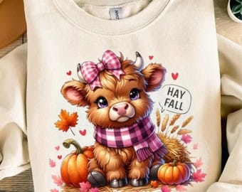 Fall Highland Cow PNG, Cute Autumn Cow Sublimation Design, Hay Fall Quote Clipart, Pumpkin Cow Shirt Design, Digital Download