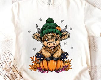 Highland Cow Pumpkin T-Shirt Design, Fall Harvest Shirt PNG, Cute Cow with Hat Clipart, Autumn Animal Sublimation, Halloween PNG