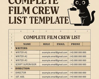 Folha de contato da equipe de filmagem | Modelo de planilhas do Excel e do Google | Classificado por departamento, editável, PDF incluído
