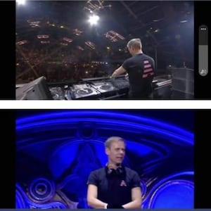 Puede incluir: Una actuación en vivo con un DJ con una camiseta negra con un diseño gráfico rosa. El DJ está detrás de una consola de mezclas, con una gran multitud e iluminación de escenario en el fondo. La segunda imagen muestra al DJ con auriculares.