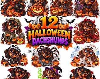 12 Halloween Dachshund Clipart PNG Bundle, Cute Spooky Wiener Dog Digital Download, Halloween Puppy Sublimation Designs, Dog Lover Clip Art