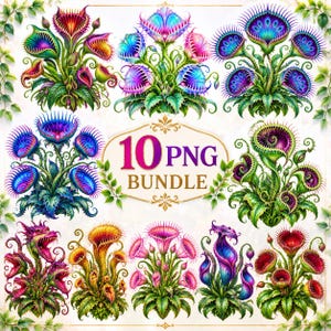May include: A digital collection of 10 PNG files featuring vibrant, multi-colored carnivorous plants with spiky leaves and open traps. The central text reads 10 PNG BUNDLE, surrounded by various botanical illustrations in shades of blue, purple, pink, and green.