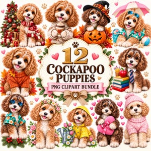 Puede incluir: Una colección digital de 12 cachorros Cockapoo con diversos atuendos y escenarios estacionales, incluyendo un árbol de Navidad, una calabaza, una escena de playa y útiles escolares, alrededor de un letrero decorativo que dice 12 Cockapoo Puppies PNG Clipart Bundle.