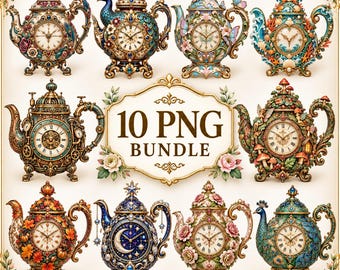 10 Teapot Clock PNG Bundle, Ornate Fantasy Teapots Clipart, Vintage Clock PNG, Steampunk Peacock Floral Oceanic Digital Download
