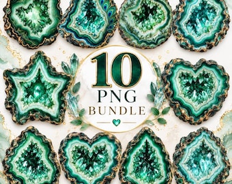 Green Geode PNG Bundle, Emerald Crystal Clipart, Agate Geode PNG, Gemstone Sublimation Design, Crystal Clip Art, Digital Download