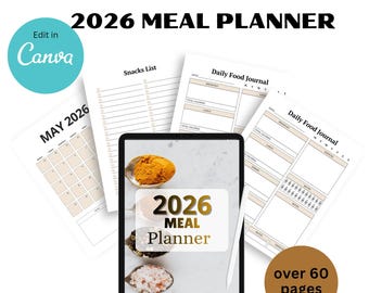 2026 Meal Planner | Editable Canva Template | Digital Download | Over 60 Pages
