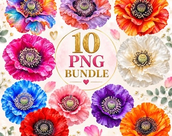 10 Poppy PNG Bundle, Colorful Flower Clipart, Watercolor Poppy Flower PNG, Floral Sublimation Design, Botanical Digital Download