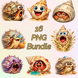 Op de afbeelding: Een digitale collectie van 16 PNG-illustraties met diverse cartoon heremietkreeften en slakken in spiraalvormige schelpen. De figuren tonen uiteenlopende uitdrukkingen, waaronder vrolijke, verraste en agressieve gezichten, sommige met tropische drankjes.