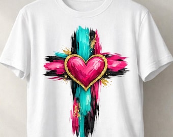 Christian Heart Cross PNG, Colorful Brushstroke Cross Design, Faith Based Sublimation PNG, Jesus Love Graphic, Printable T-Shirt Design
