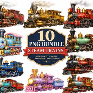 Pode incluir: Uma coleção digital de 10 ilustrações de trens a vapor com vários designs de locomotivas nas cores vermelho, azul, dourado, verde e roxo, com um emblema central exibindo o texto 10 PNG BUNDLE STEAM TRAINS HIGH QUALITY 300 DPI.