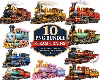 10 Watercolor Steam Train PNG Bundle | Vintage Locomotive Clipart | Antique Train PNG | Transparent Background | Printable Digital Download